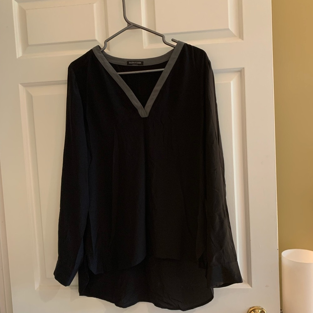 Eileen Fisher Black silk Blouse with Gray Trim size M